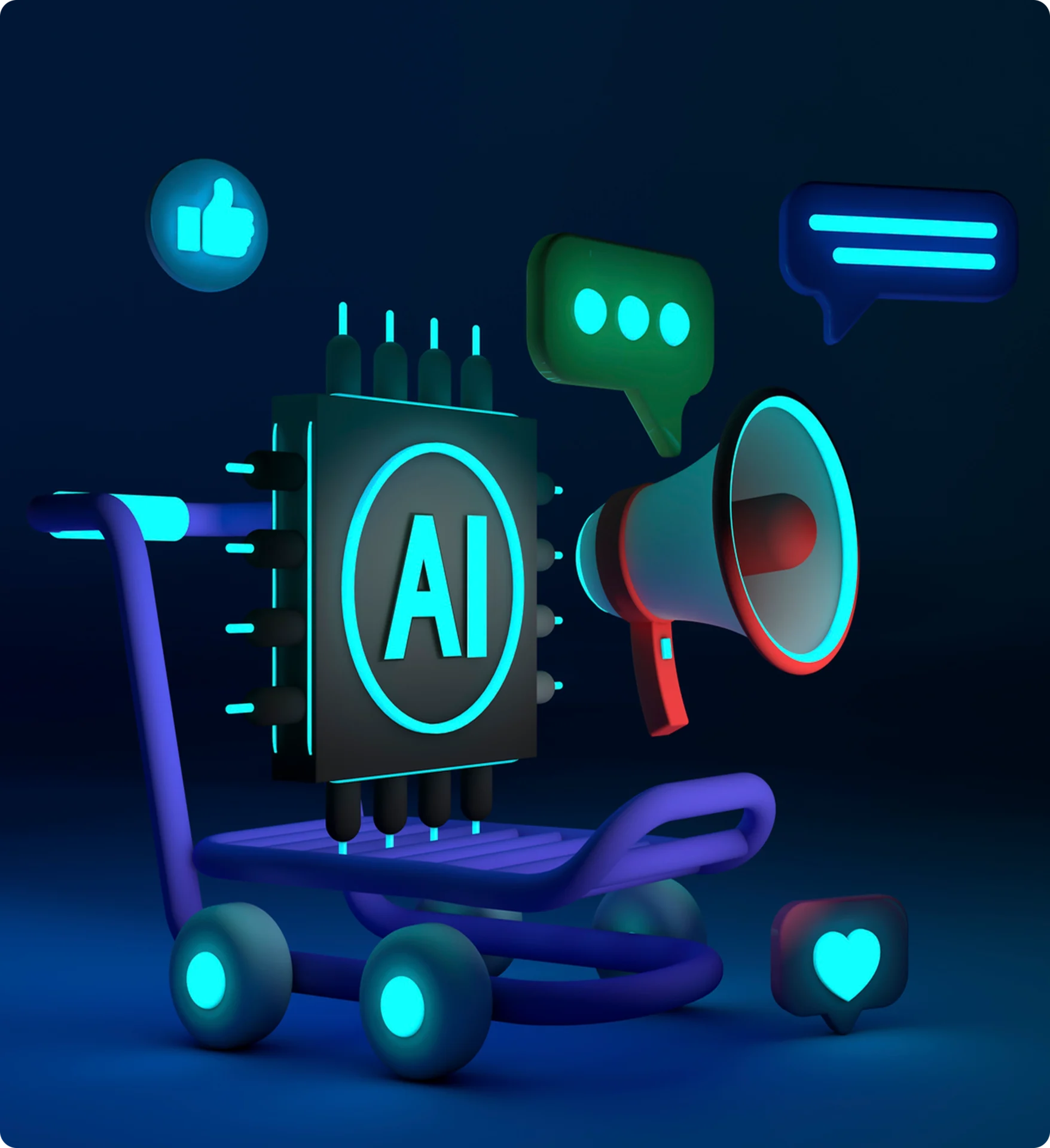 AI chip with megaphone and icons.
