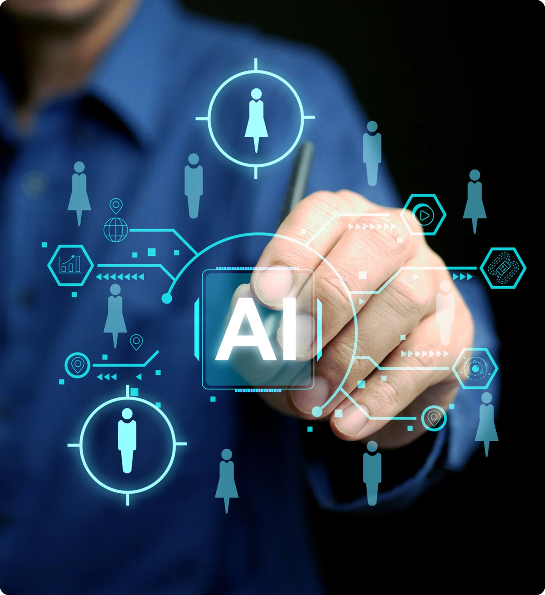 Hand interacting with AI technology interface.
