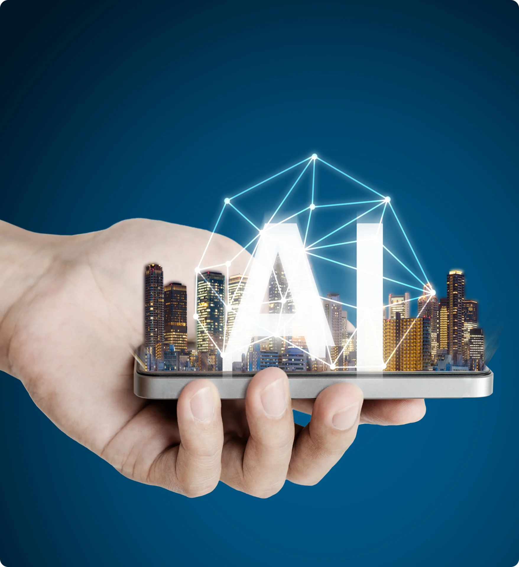 Hand holding AI cityscape hologram.