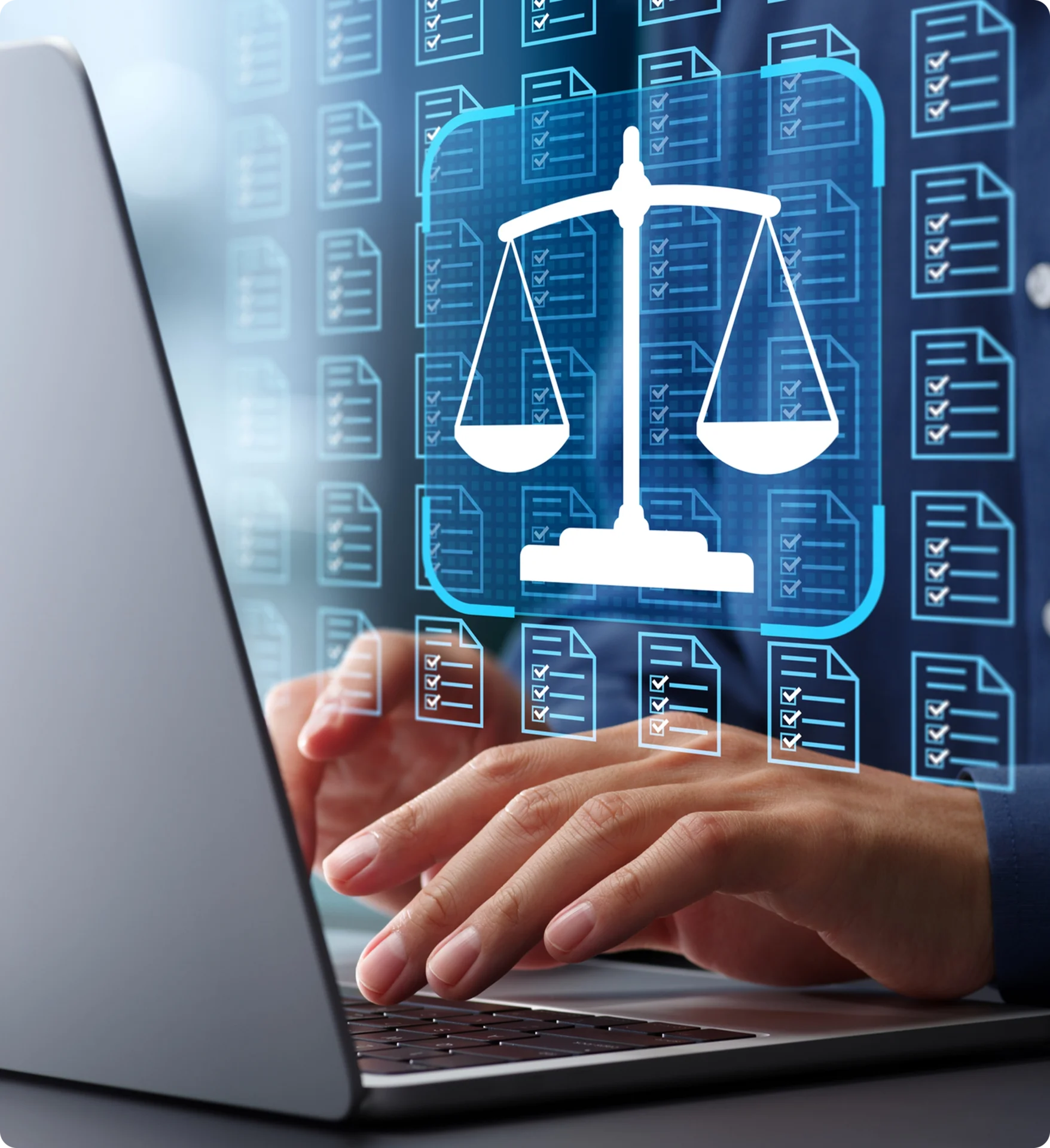 Person typing with digital justice scale overlay.