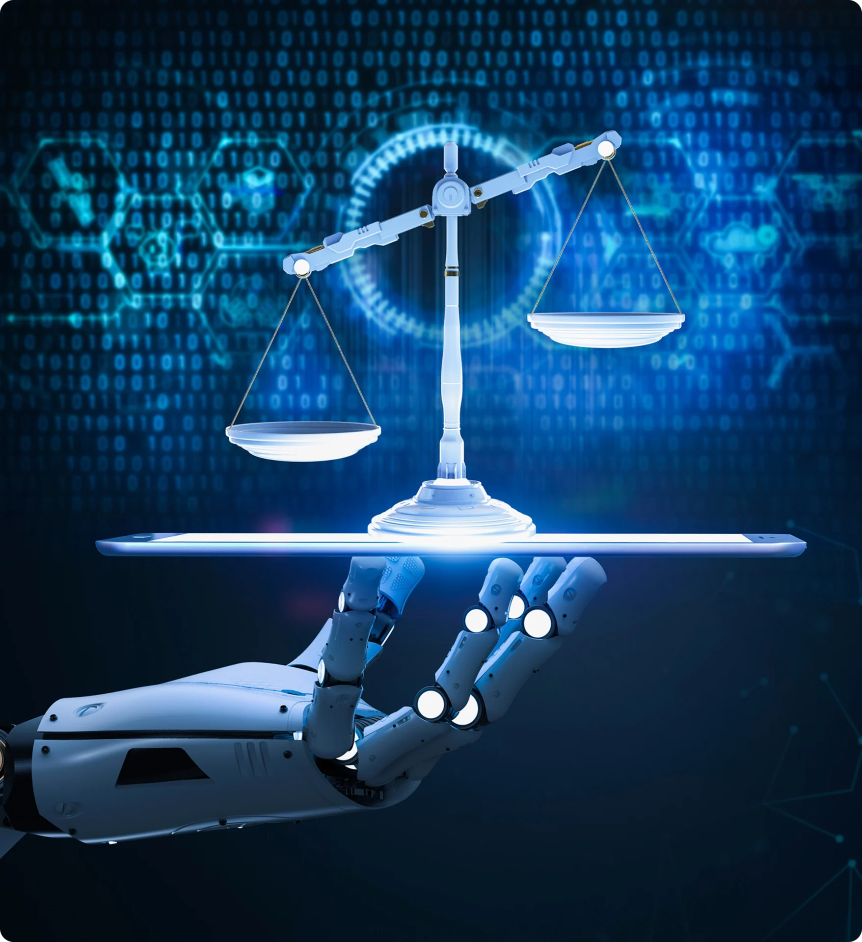 Robotic hand balancing scales on tablet.