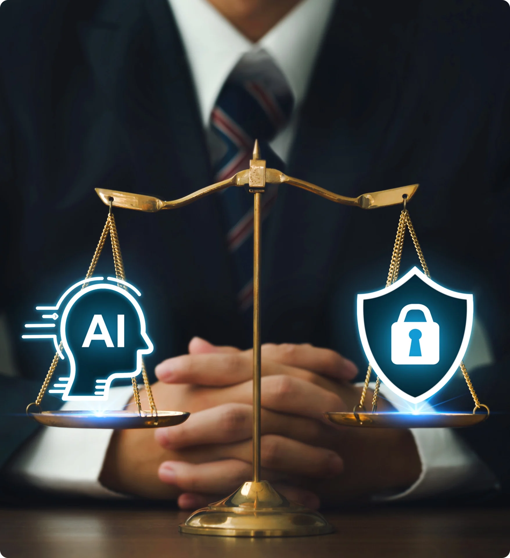 Scale balancing AI and cybersecurity symbols.