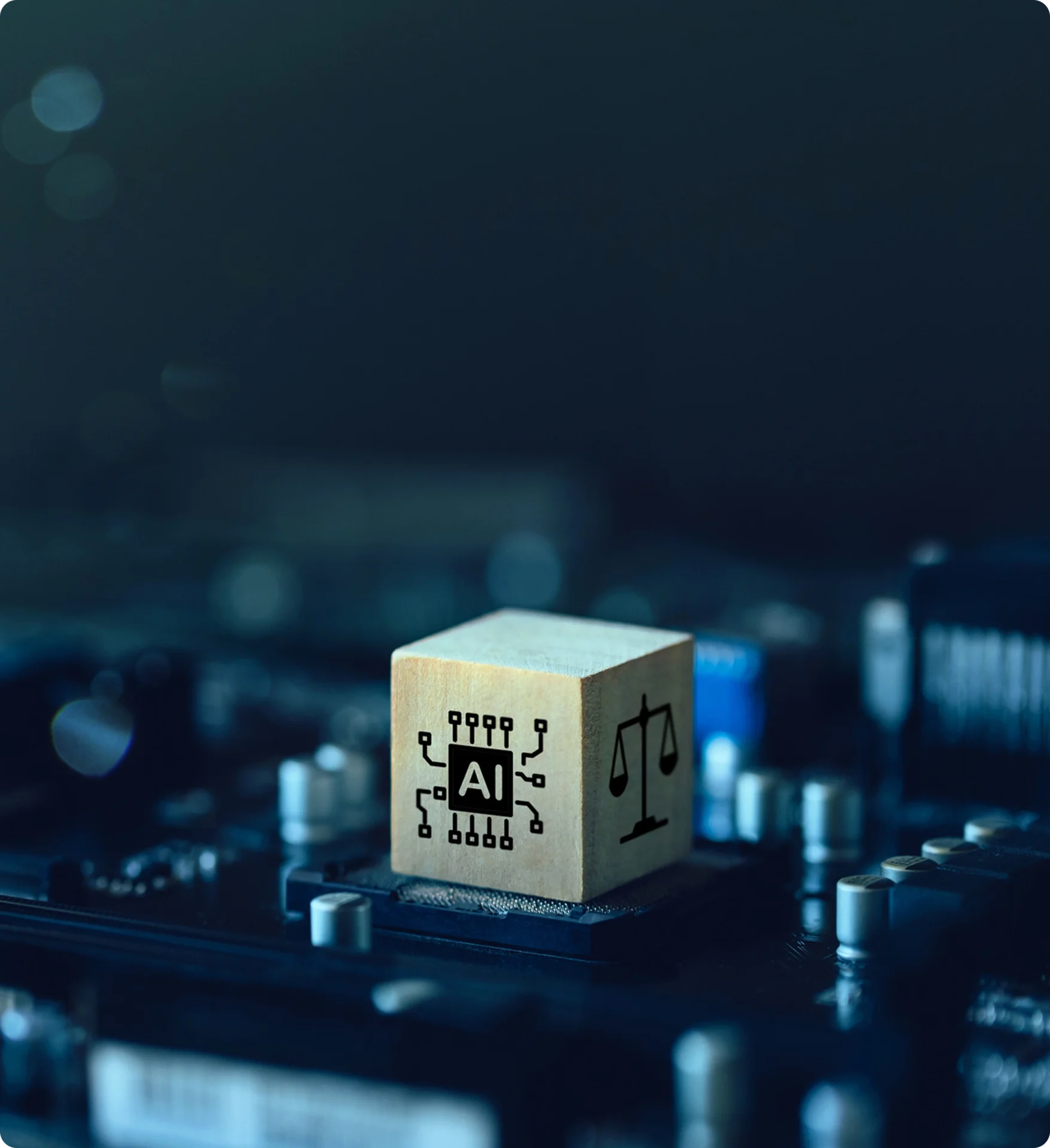 AI technology and justice symbol on block.