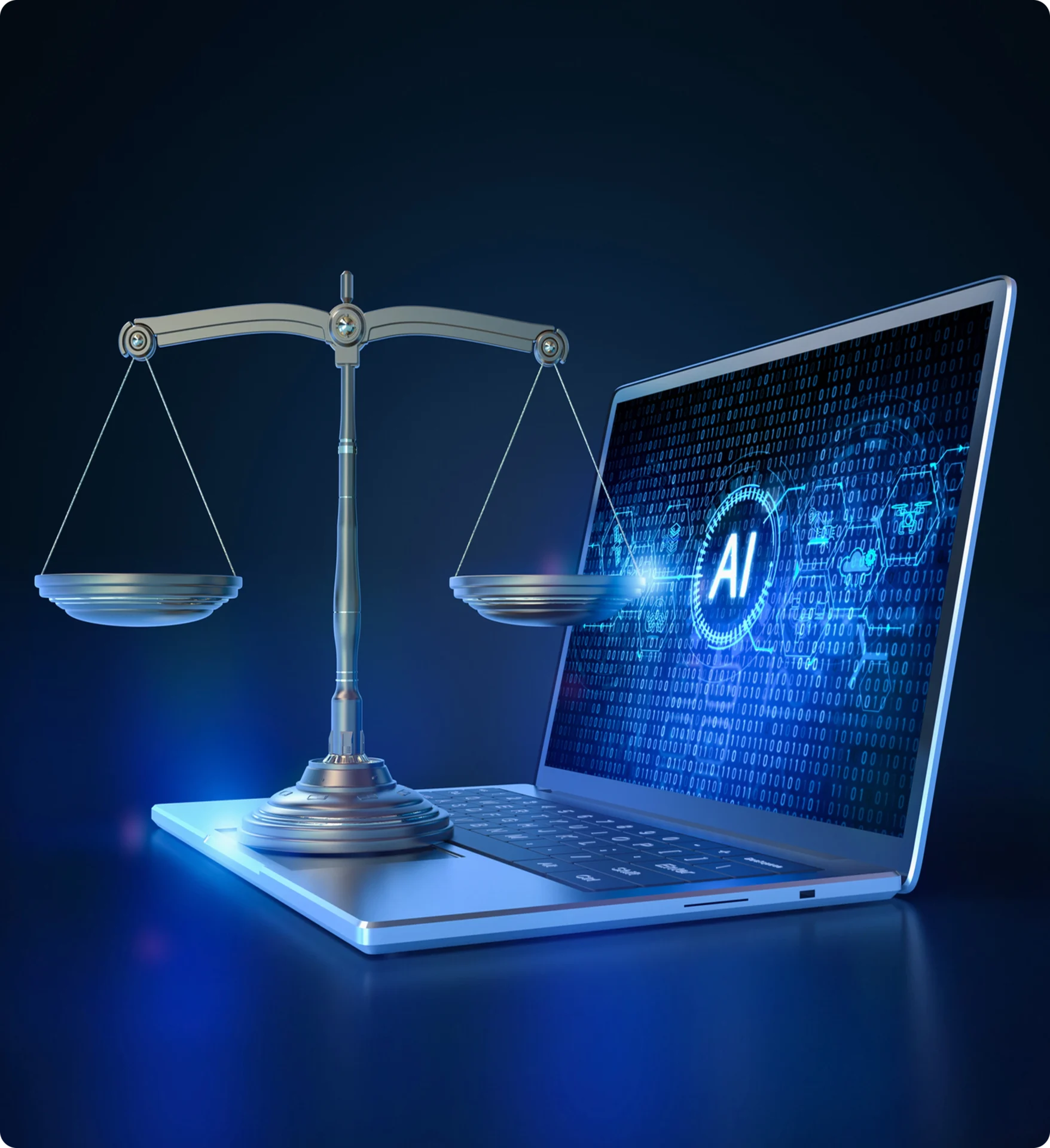 Scales of justice beside AI laptop screen.
