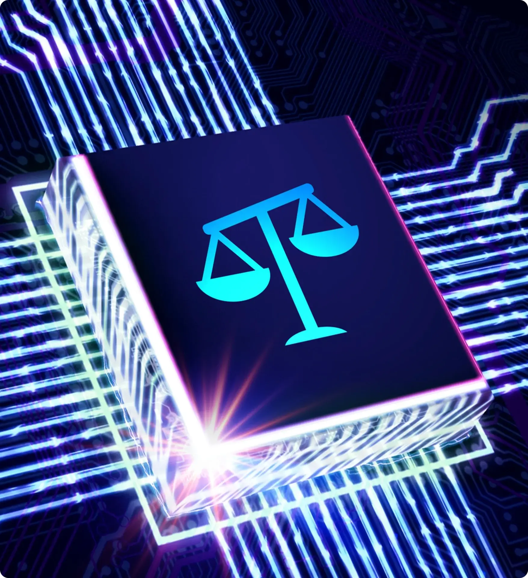 Scales of justice on a digital microchip.