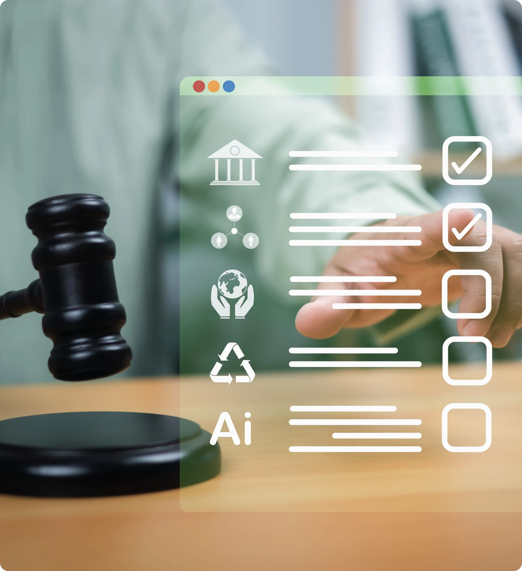 Gavel and digital checklist with icons.