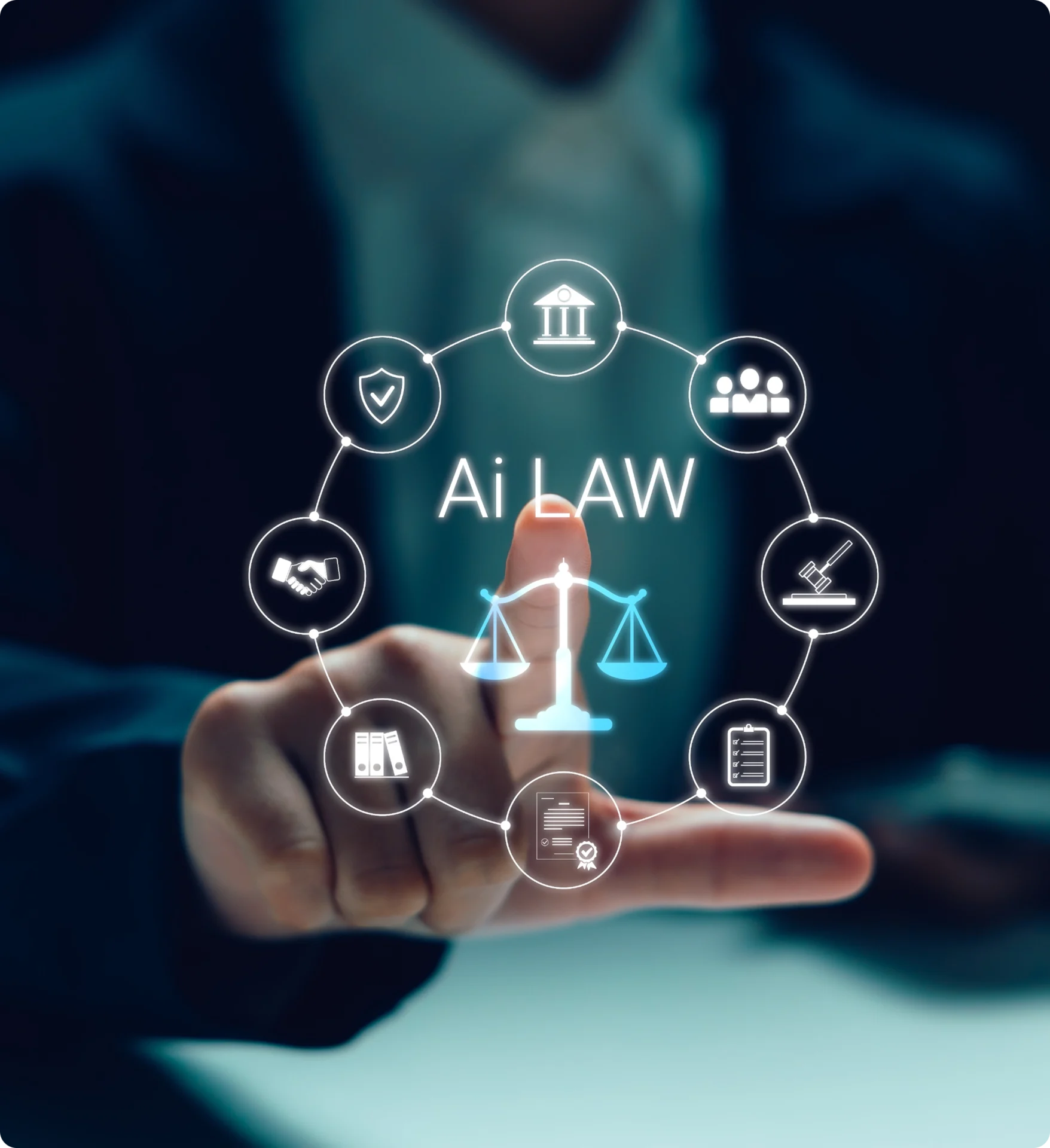 AI law concept with digital justice icons.