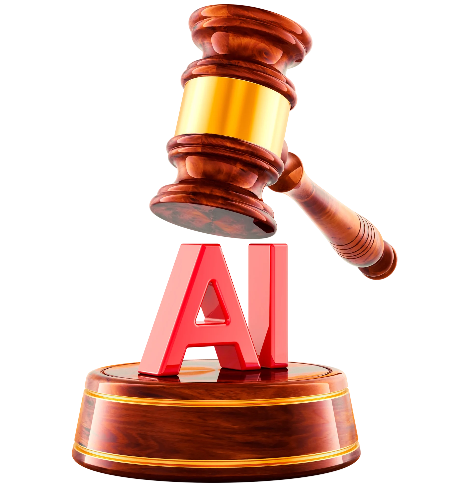Gavel striking "AI" letters on block.