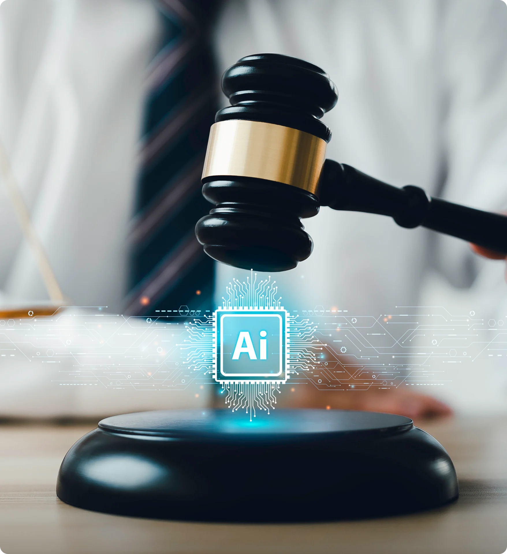 Gavel above AI digital interface illustration.