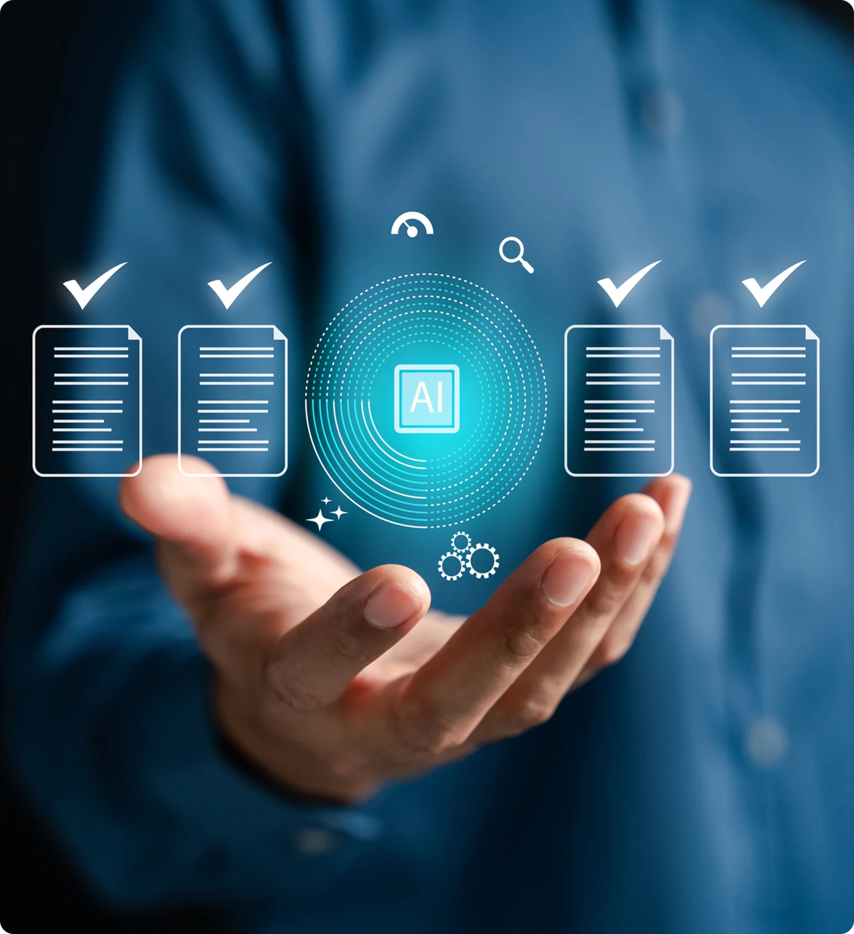 Hand holding digital AI and document icons.